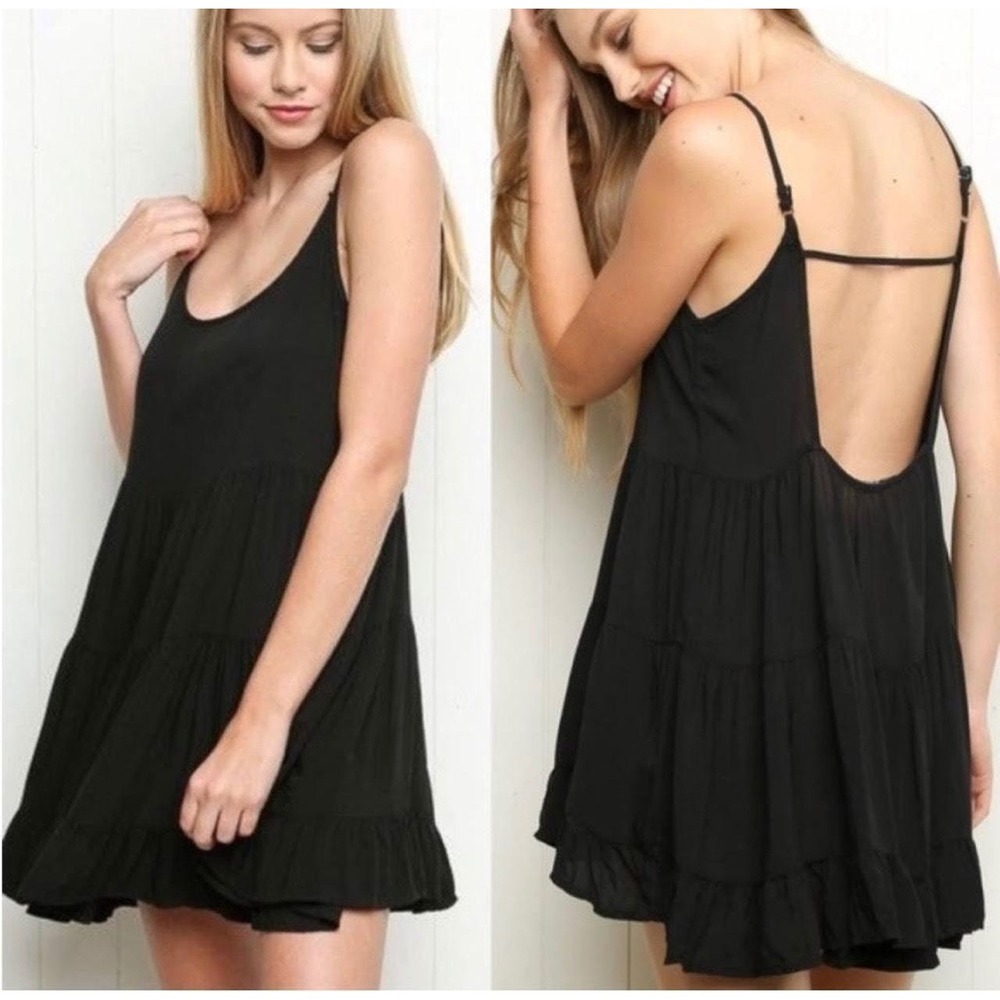 Brandy Melville Mini Loose Fit Babydoll Dress One Size Black Tiered Adj Low Back